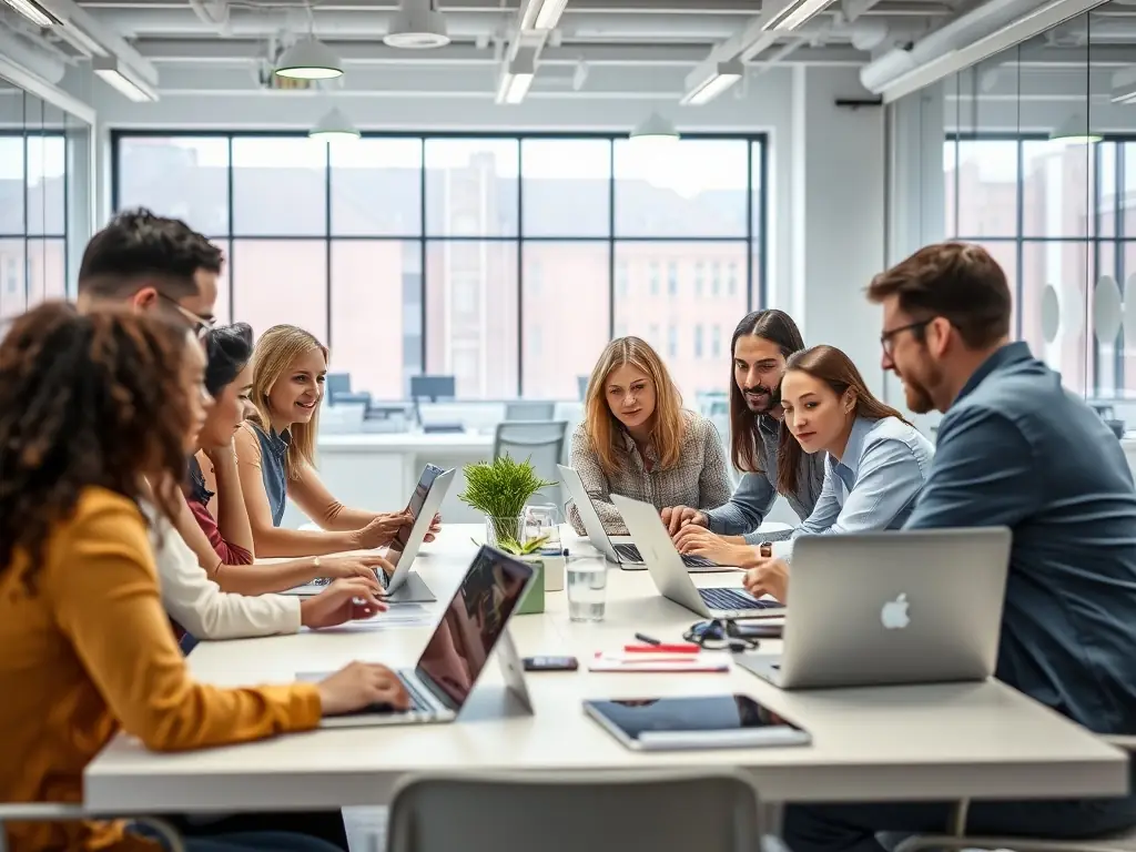 A modern office space with employees collaborating on a digital project, showcasing Transformare's focus on people and teamwork in driving transformation.