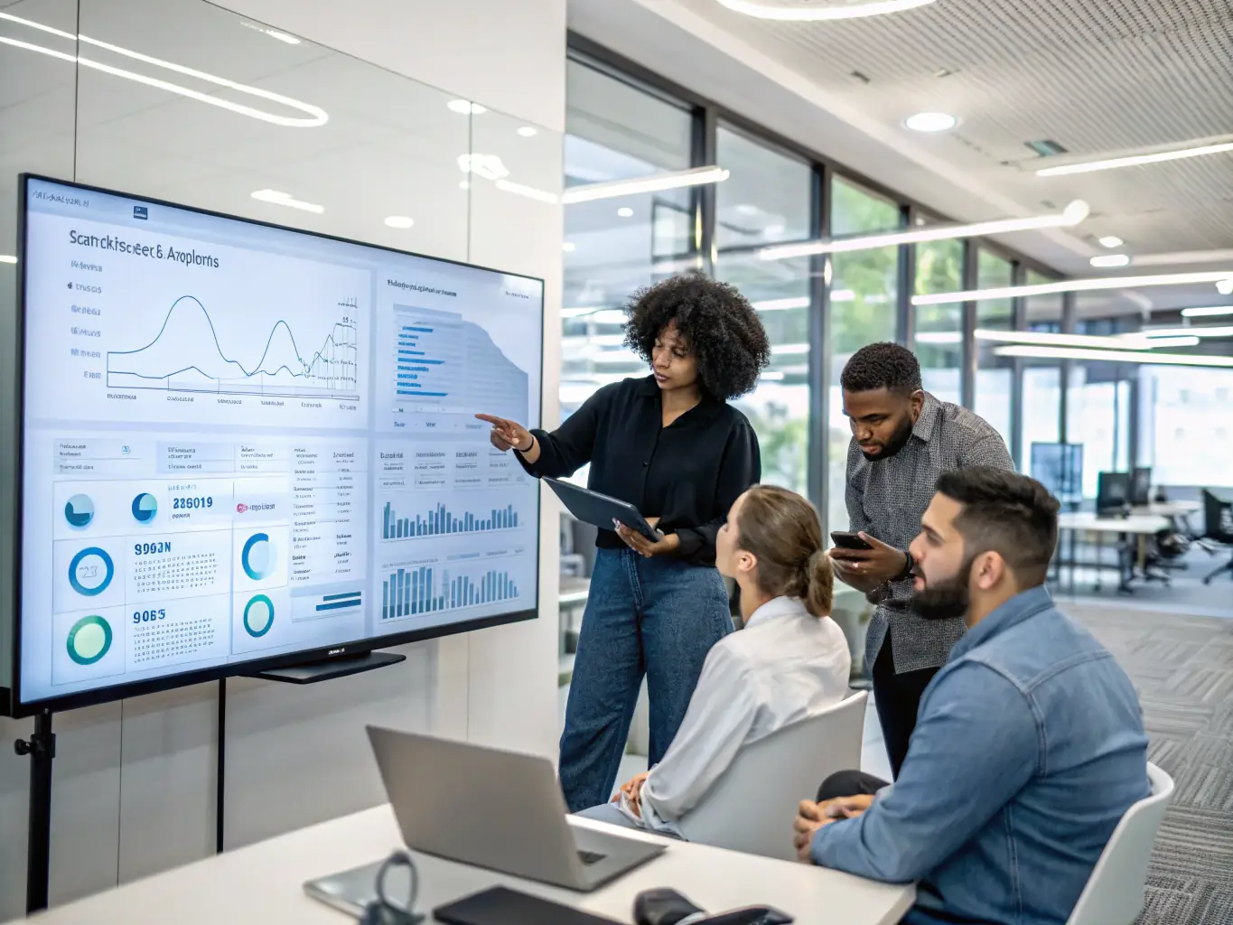 A diverse team of IT consultants collaborating around a table, reviewing digital transformation strategies on a large interactive display, showcasing Transformare's collaborative approach to business evolution.