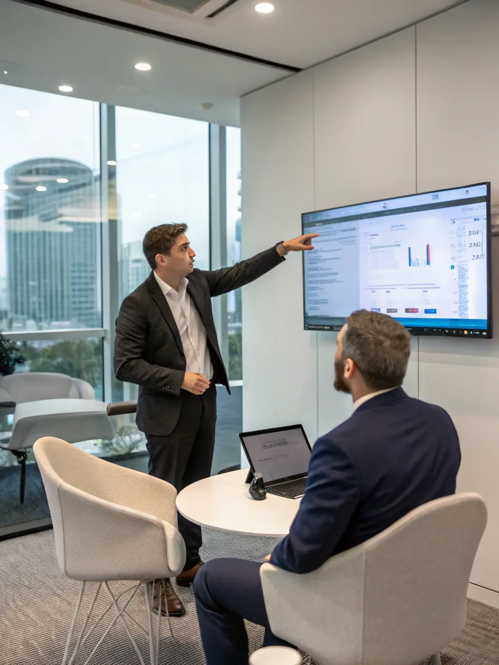 An IT consultant presenting a customized IT strategy to a business owner in a modern office, emphasizing the personalized approach to IT consulting.