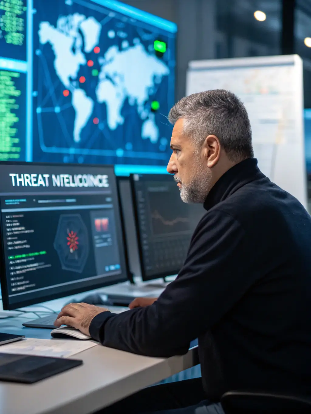 A cybersecurity expert analyzing threat data on multiple monitors in a security operations center, highlighting the proactive approach to cybersecurity.