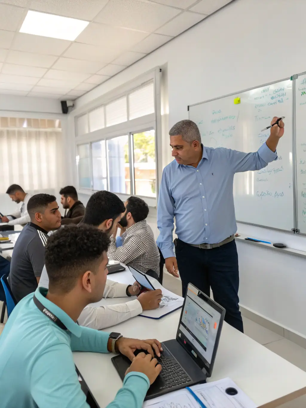 A trainer leading a hands-on workshop for employees, demonstrating new software features and providing personalized guidance to ensure effective user adoption.