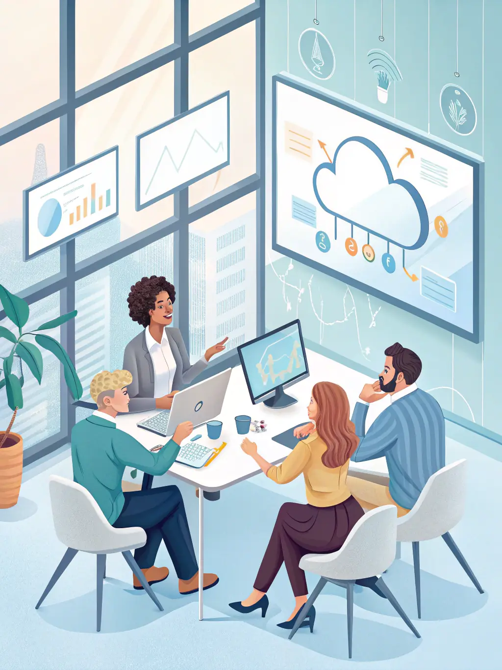 A team of IT professionals collaborating on cloud migration strategies in a bright, collaborative workspace, showcasing the teamwork involved in cloud integration.