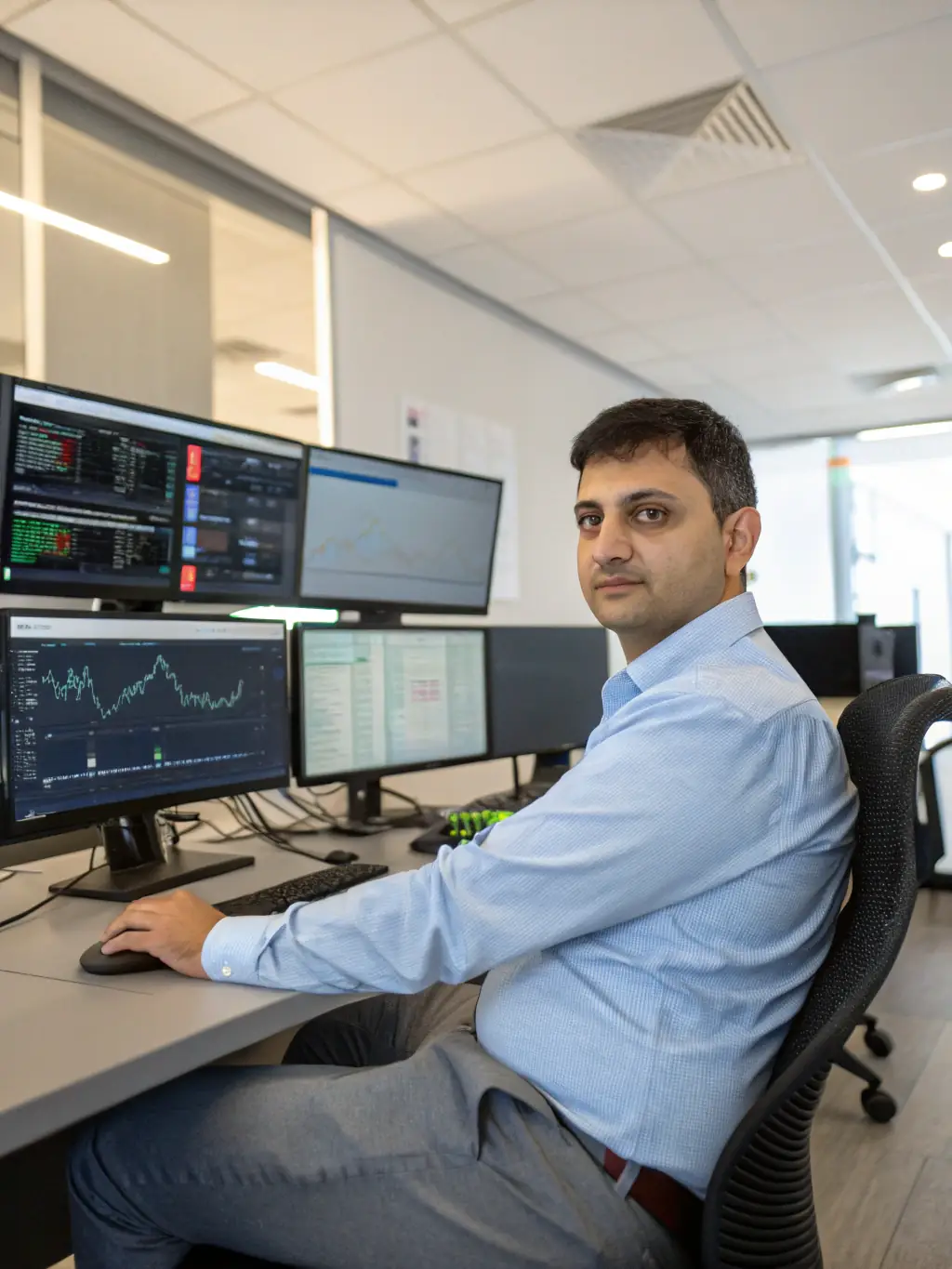 A professional IT consultant reviewing network infrastructure diagrams in a modern office setting, emphasizing the detail-oriented approach to network management.