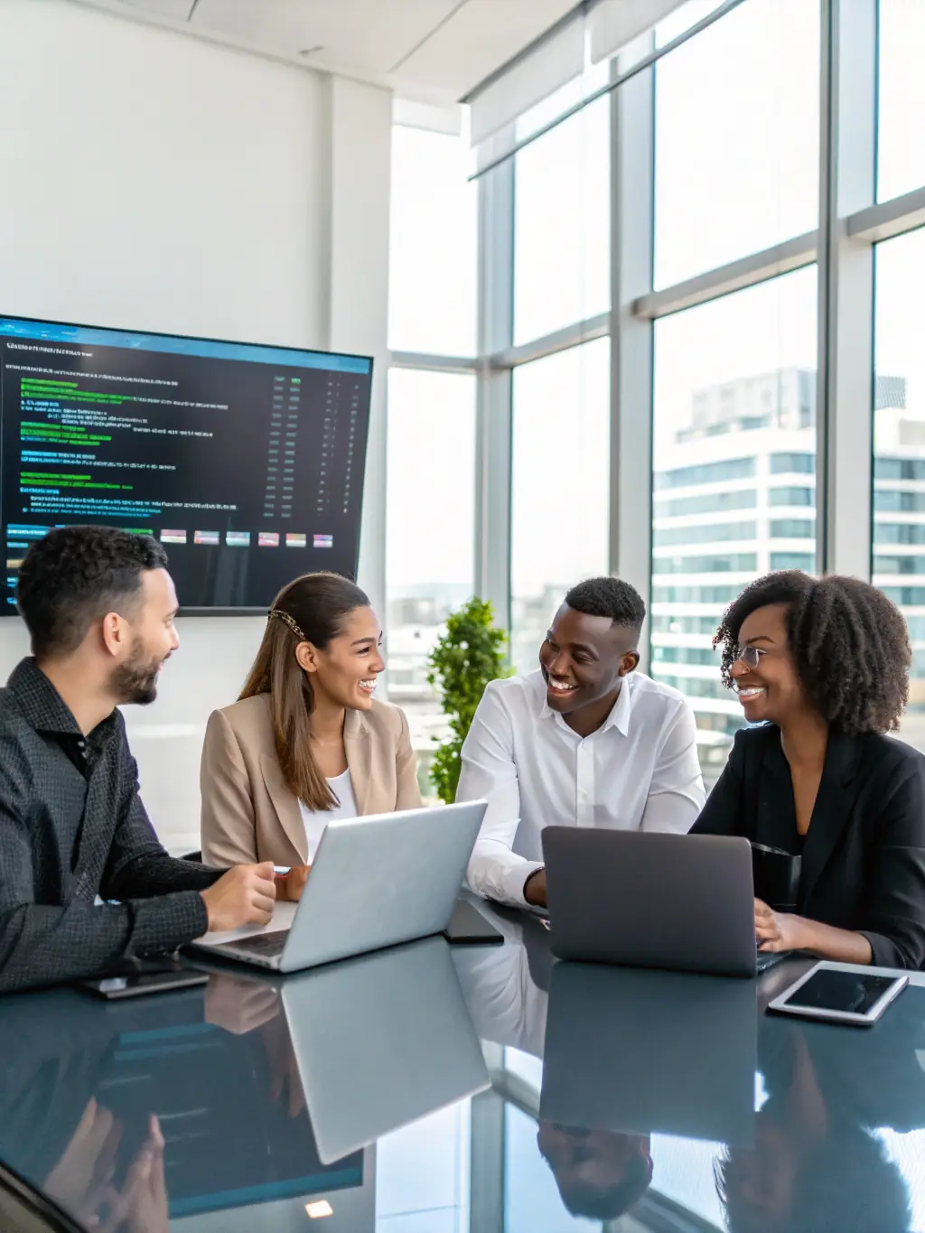 A diverse team of IT consultants collaborating in a modern office, reviewing a project timeline on a large display screen, symbolizing stakeholder alignment and collaborative planning.