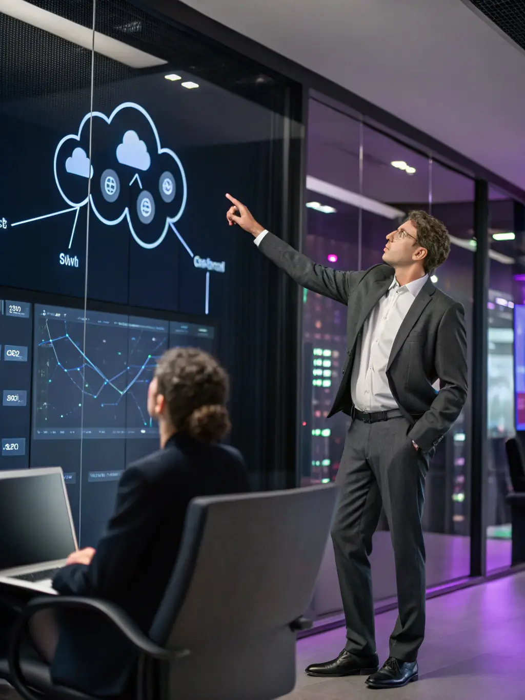 An image showing a business professional reviewing vendor proposals and contracts with digital vendor icons in the background, representing Transformare's Vendor Sourcing Services.